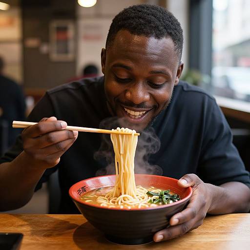 Photograph of a smiling Black man with short curly hair, wearing a black shirt, eating ramen noodles with chopsticks from a red bowl, in a