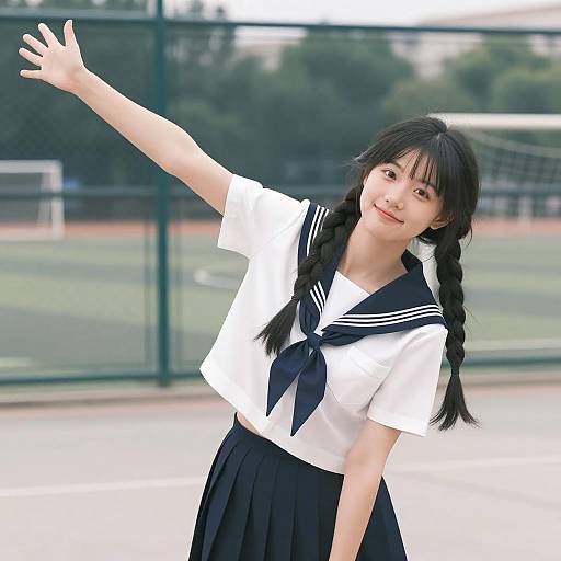 Smiling Asian Student in Sailor Uniform