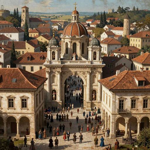 Renaissance-Inspired Double Exposure City Crowd