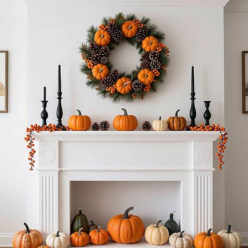 Photograph of a white fireplace adorned with a pumpkin wreath, black candles, orange berries, and various pumpkins in orange, white, and green