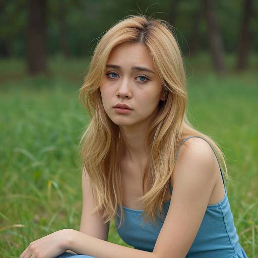 Photograph of a young, fair-skinned woman with long, blonde hair and blue eyes, wearing a light blue tank top, sitting in a green