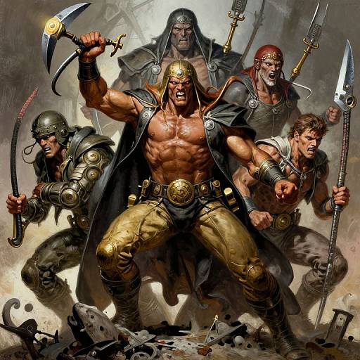 Digital illustration of five muscular warriors in ancient armor, wielding weapons, in a fierce battle stance with a chaotic, blood-splattered background.