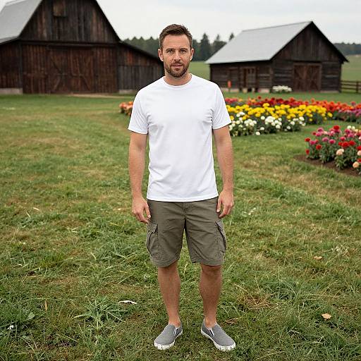 Photograph of a bearded man with short brown hair, wearing a white t-shirt, gray shorts, and gray sneakers, standing on a grassy
