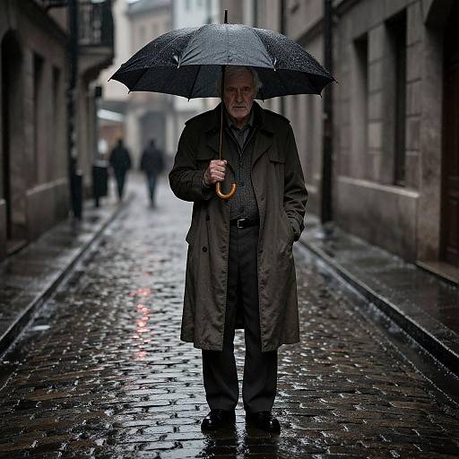 Photograph of elderly man with gray beard, holding black umbrella, standing on wet, cobblestone street in rain, wearing long dark coat, blurred