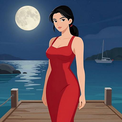 Digital anime-style illustration of a fair-skinned woman with black hair in a red dress, standing on a wooden pier at night with a bright full moon