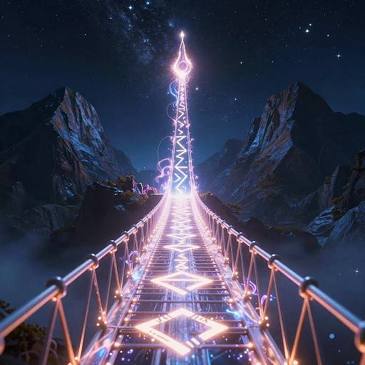 Photorealistic CGI of a glowing, neon-lit suspension bridge stretching through starry night sky, with towering, mist-covered mountains on either side.