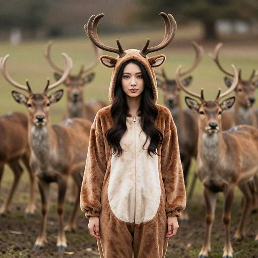 Photograph of a young woman with long black hair, wearing a brown and white deer onesie with antlers, standing in a field with several deer