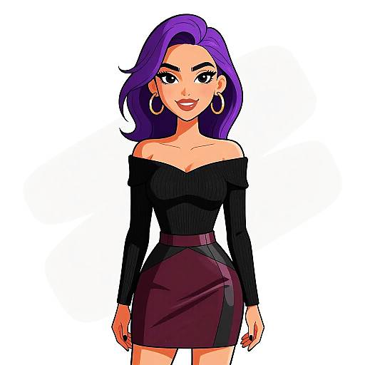 Digital illustration of a confident woman with purple hair, wearing a black off-shoulder top and maroon skirt, large hoop earrings, against a white