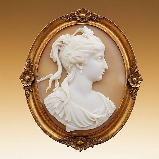 Photograph of a classical white marble bust of a woman with a ponytail, adorned in a draped garment, set in an ornate gold oval frame