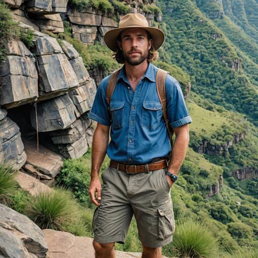 Man in Safari Outfit on Craggy Cliffside
