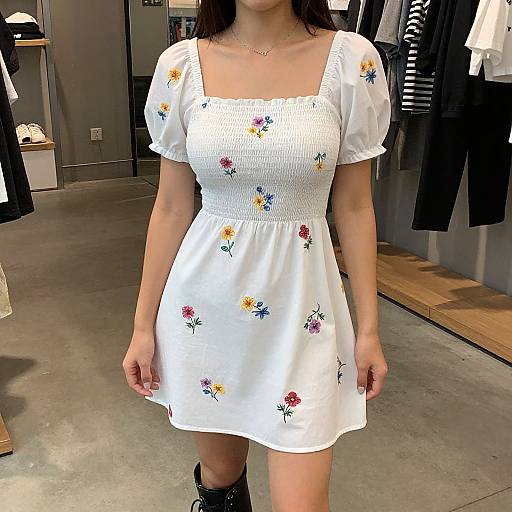 Photograph of a young woman in a white, short-sleeved, floral-embellished dress, standing in a modern clothing store with wooden