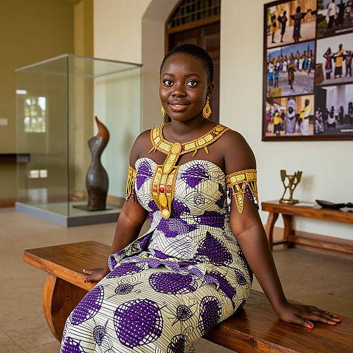 Photograph of a smiling African woman in a colorful patterned dress and gold jewelry, sitting on a wooden bench in a museum with sculptures and photos on