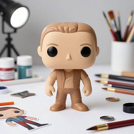 Photograph of a chibi-style, beige-haired, black-eyed action figure with brown outfit, surrounded by paintbrushes, art supplies, and a