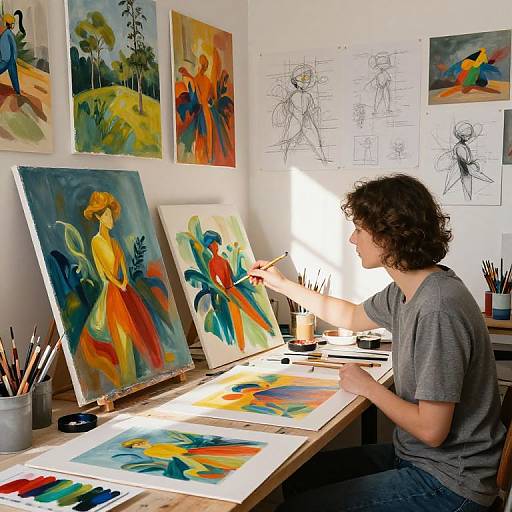 Photograph of a curly-haired artist in a gray shirt painting vivid abstracts with bright colors, surrounded by sketches and paintings.