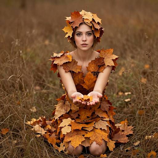 Photograph of a young woman kneeling in a grassy field, wearing a dress and headpiece made of autumn leaves, reaching forward with hands open,