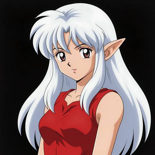 Anime-style digital drawing of a white-haired elf woman with pointed ears, red dress, and serious expression against a black background.