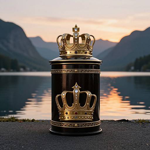 Photograph of a black cylindrical container with ornate gold crowns, one on top and one on the front, set against a serene lake at sunset