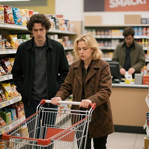 Grocery Store Scene with Three People