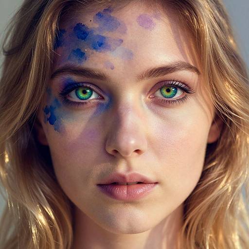 Close-up photograph of a young woman with green eyes, blonde hair, and blue paint splatters on her forehead, looking intently into the camera.