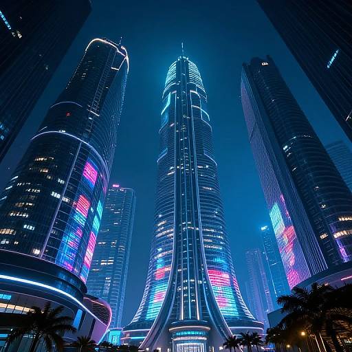Neon-lit futuristic cityscape photograph of towering, cylindrical skyscrapers with vibrant blue and pink LED lights, set against a dark, night sky