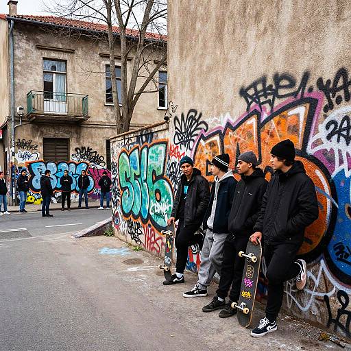 Skateboarders by Graffiti Wall in Urban Alley
