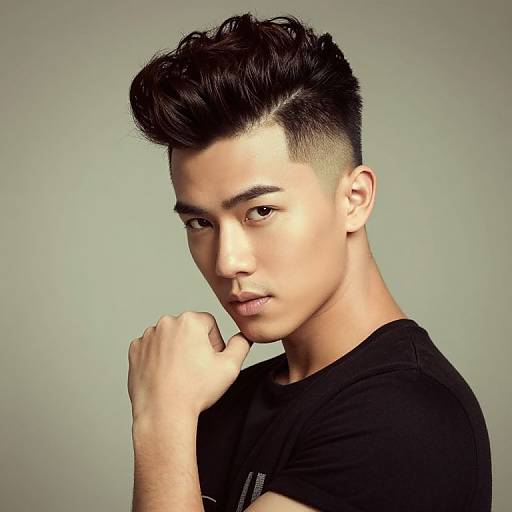 Photograph of a young Asian man with short, spiked black hair, light skin, and a serious expression, wearing a black t-shirt, against a