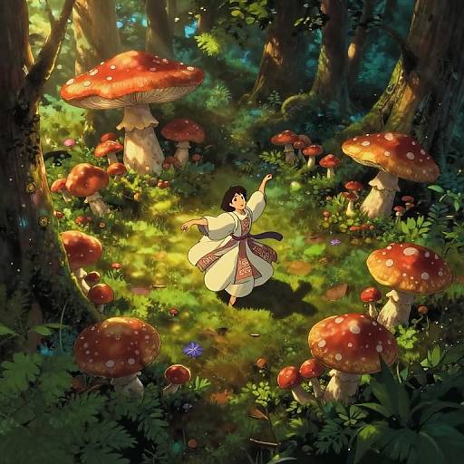 Digital illustration of a fairy-like girl in a white, patterned dress, joyfully dancing amidst a magical forest with giant red and white-spotted mushrooms