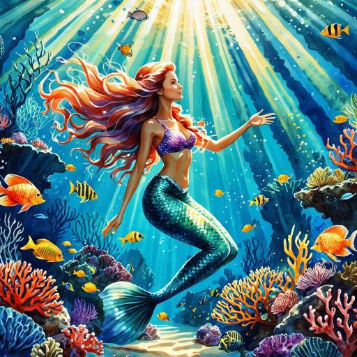Watercolor Mermaid in Coral Reef