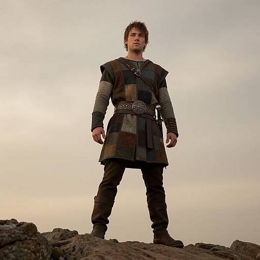 Photograph of a young man with curly brown hair, wearing medieval-style armor, standing confidently on rocky ground against a cloudy sky.