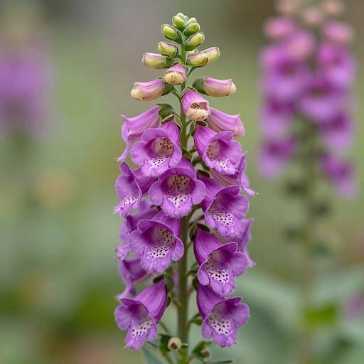 Photograph of a tall foxglove flower with vibrant purple bells, pink buds at the top, and a blurred green background.
