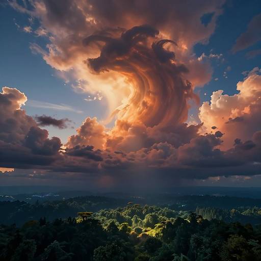 Photograph of a dramatic sunset sky with a swirling, fiery cloud vortex over a dark, forested landscape below. Vibrant orange and purple hues contrast