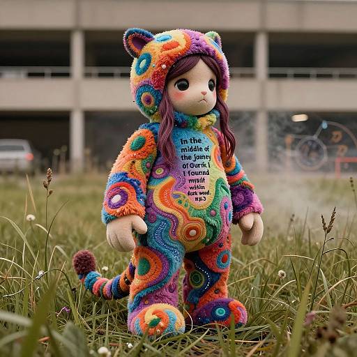 Photograph of a colorful, crochet teddy bear costume with 