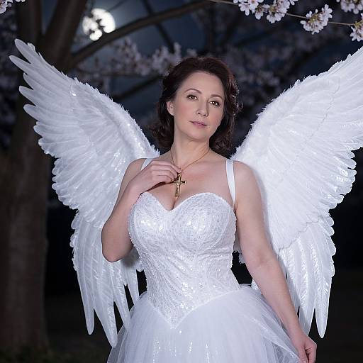 Ethereal Angel in Moonlit Cherry Blossom Forest