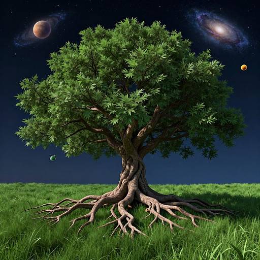 Photorealistic digital artwork of a tree with sprawling roots in a grassy field, under a dark night sky with planets and galaxies.