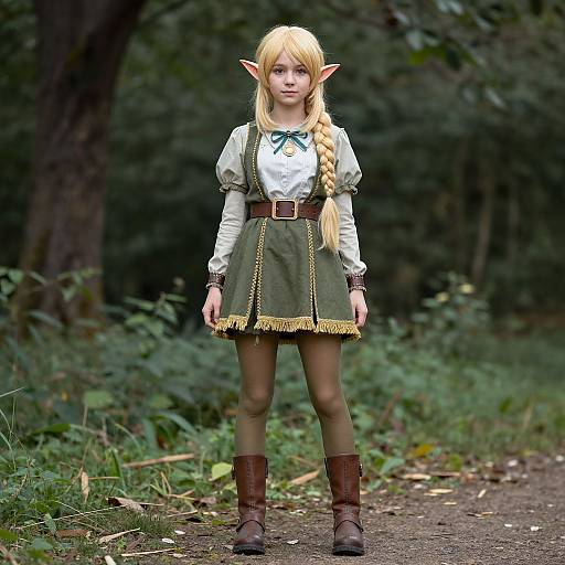 Photograph of a young blonde girl with elf ears, wearing a green dress, white blouse, brown boots, and braided hair, standing on a