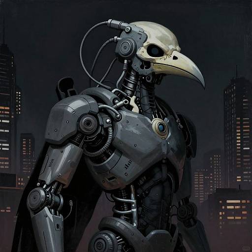Cybernetic robot with bird skull mask in dark, neon-lit cityscape. Detailed metallic joints, wires, and glowing blue eye. Digital