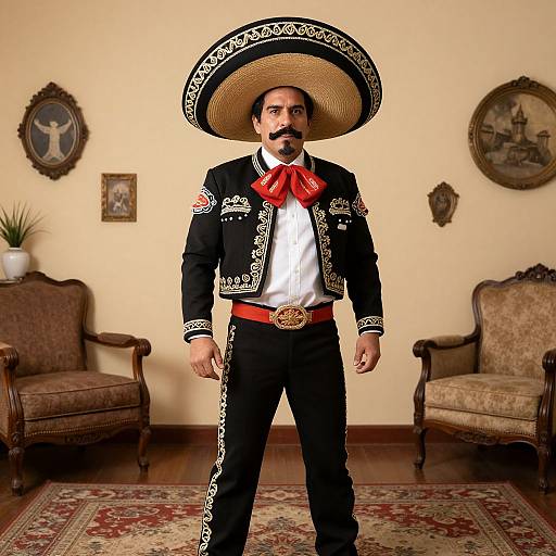 Photograph of a mustached man in traditional Mexican charro suit with large sombrero, black embroidered jacket, red bowtie, and straw hat,