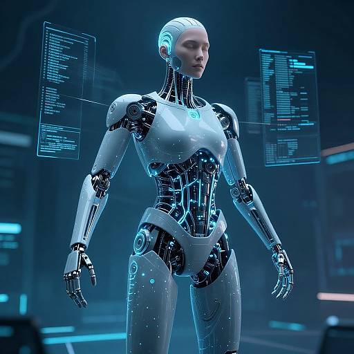 CGI image of a sleek, white and black robotic woman with glowing blue internal circuits, standing in a futuristic, tech-filled room with floating data screens
