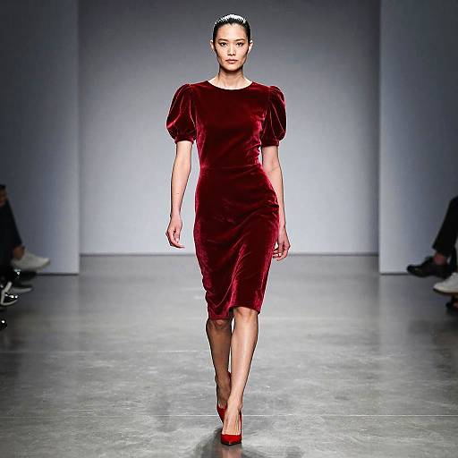 Female Model in Ruby Red Velvet Dress on Runway