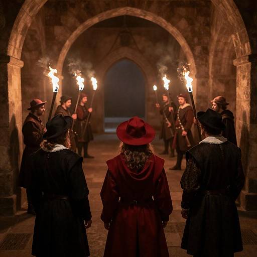 Torchlit Renaissance Standoff in Corridor