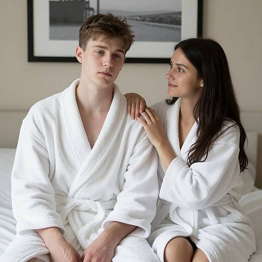 Photograph of a young couple in white bathrobes sitting on a bed, with the woman gently touching the man's shoulder, framed black-and-white