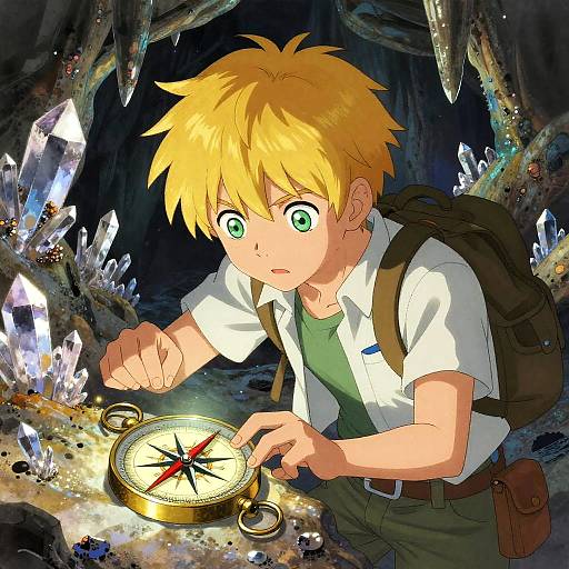 Young Explorer with Compass in Crystal Cave