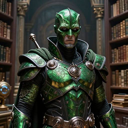Photorealistic CGI of a green-armored, helmeted superhero with intricate metallic details, standing in a dimly lit, book-filled library.