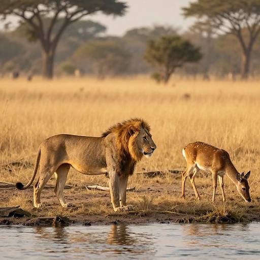Photograph of a majestic male lion with a dark mane standing beside a waterhole, facing a grazing antelope in a golden savanna with tall grass