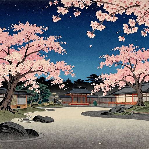 Digital anime-style illustration of a serene Japanese garden at night, featuring pink cherry blossoms, a glowing pathway, and traditional wooden buildings.