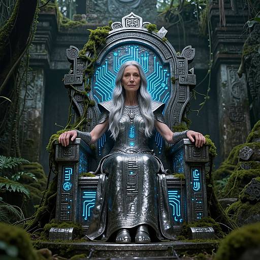 Photorealistic digital artwork: Silver-haired woman with glowing blue circuitry dress, sitting on moss-covered, futuristic throne in ancient, jungle ruins.
