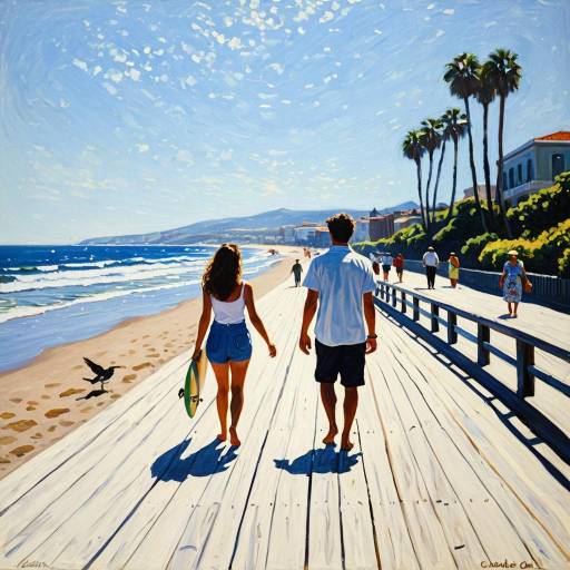 Romantic Couple Walking on Sunny Beach Boardwalk