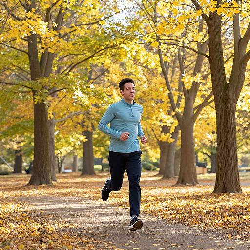 Photograph of a man jogging in an autumn park, wearing a light blue long-sleeve shirt and dark blue pants, with yellow-leaved trees