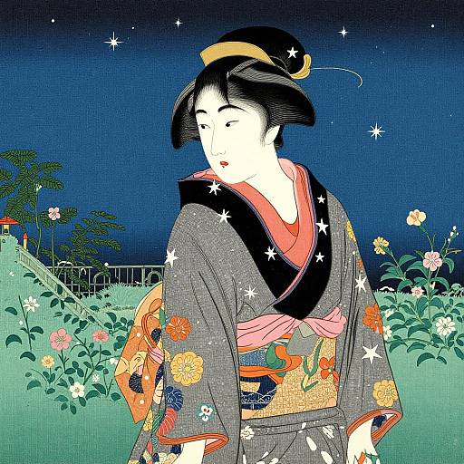 Traditional Japanese woodblock print of a woman in a colorful kimono with floral patterns, under a starry night sky, surrounded by greenery and flowers