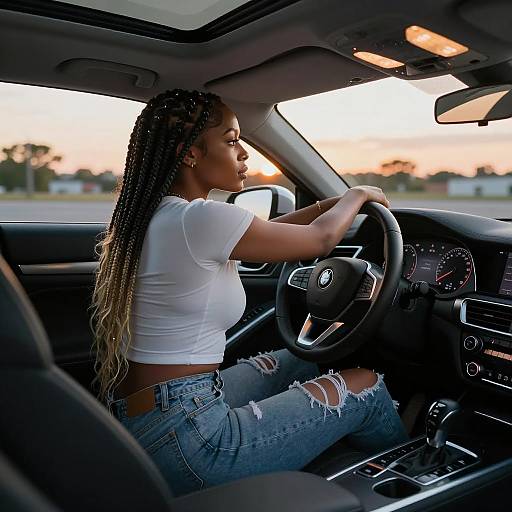 Woman Driving Modern Car at Sunset